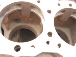 Cavitation and corrosion damage on engine block