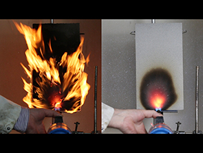 Un ensayo de propagación de llama revela que Belzona 4141FR (derecha) no se quema, en comparación con un material de reparación de hormigón alternativo (izquierda)